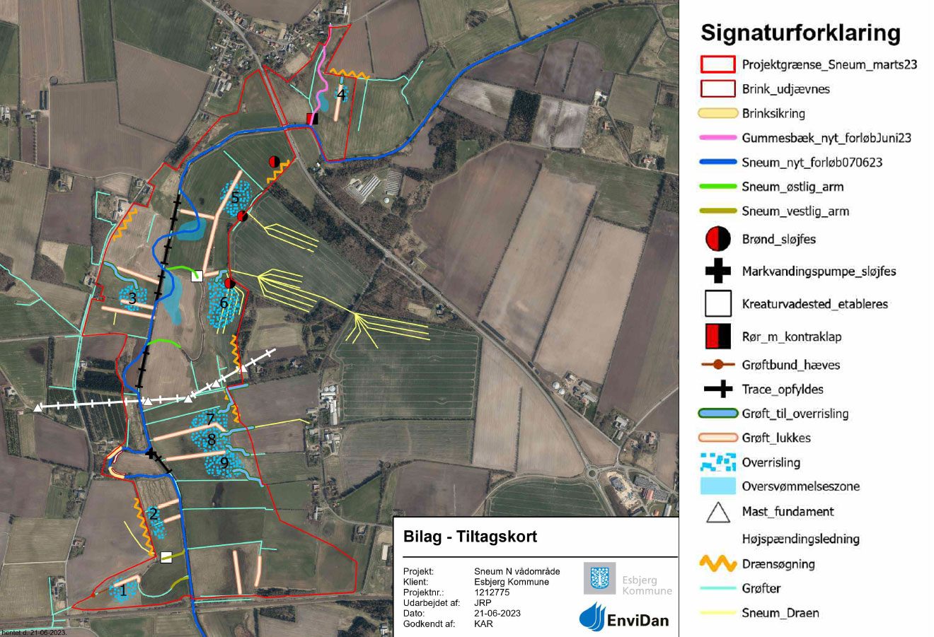 Kortoversigt over projektområdet Sneum 2021 og de planlagte tiltag.